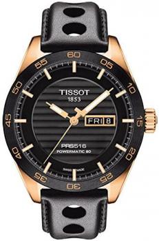 Tissot PRS 516 Powermatic 80 Mens Automatic Watch - Analog Black Face with Second Hand Day Date Sapphire Crystal 80 Hour Power Reserve Watch - Swiss Made Leather Band Rose Gold Watch T1004303605100