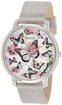 GUESS Women's Stainless Steel Analog Watch with Leather Calfskin Strap, Silver, 12 (Model: GW0008L1)