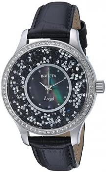 Invicta Women's Angel Quartz Watch with Leather Calfskin Strap, Black, 17 (Model: 24592)