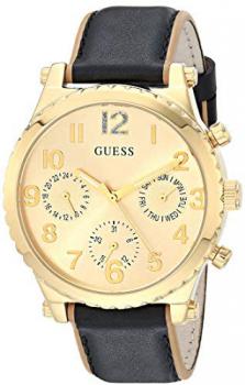 GUESS Women's Stainless Steel Analog Quartz Watch with Leather Calfskin Strap, Black, 18 (Model: GW0036L2)