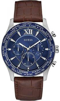 Guess W1262G1 Men's Brown Leather Band Multifunction Blue Dial Watch