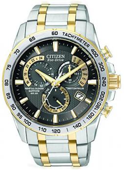 Citizen Men's Eco-Drive Chronograph Watch AT4004-52E with a Black Dial and a Two Tone Stainless Steel Bracelet