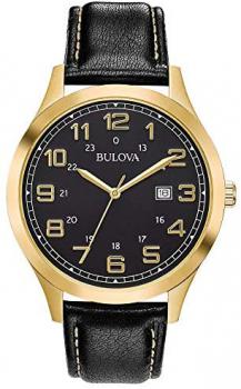 Bulova Men's 97B181 Quartz Gold-Tone Case Black Leather Strap 42mm Watch
