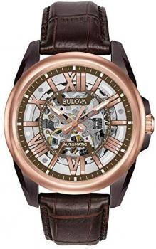 Bulova Men's Mechanical Hand Wind Stainless Steel and Leather Dress Watch, Color:Brown (Model: 98A165)