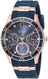 GUESS Rose Gold-Tone + Iconic Blue Stain Resistant Silicone Watch with Day, Date + 24 Hour Military/Int'l Time. Color: Blue (Model: U1157L3)