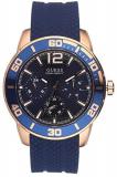 Guess W1250G2 Men's Rose Gold Tone Blue Silicone Band Multifunction Blue Dial Wa...