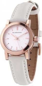 Burberry Women Watch The City Swiss Luxury Round Rose Gold Silver Dial White Leather Band 26mm BU9209