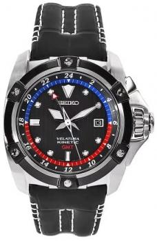 Seiko Men's SUN013 Velatura Black Leather Strap Black Dial Watch