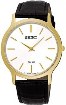 SEIKO SUP872P1,Men's Solar Quartz,Gold tone Stainless steel Case,Leather Strap,30m WR,SUP872