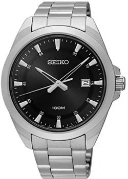 Seiko Men's 42mm Steel Bracelet &amp; Case Hardlex Crystal Quartz Black Dial Analog Watch SUR209