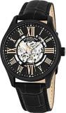 Stuhrling Original Mens Stainless Steel Automatic Watch, Black Skeleton Dial, Leather Band, Gold Numerals and Hands, 747 Series
