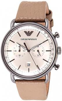 Emporio Armani Men's Dress Stainless Steel Quartz Watch with Leather Calfskin Strap, Grey, 22 (Model: AR11107)