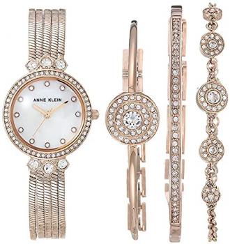 Anne Klein Women's Premium Crystal Accented Chain Watch and Bracelet Set, AK/3302