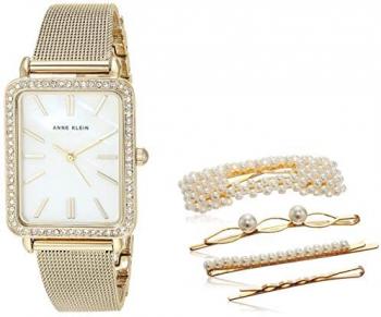 Anne Klein Women's Premium Crystal Accented Mesh Bracelet Watch and Barrette Set, AK/3642
