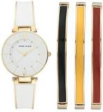 Anne Klein Women's Glitter Accented Gold-Tone and White Watch with Bangle Set, A...