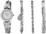 Anne Klein Women's Premium Crystal Accented White and Silver-Tone Watch and Bracelet Set, AK/3576WTST