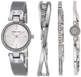 Anne Klein Women's Premium Crystal Accented Silver-Tone Mesh Bracelet Watch and Bangle Set, AK/3389SVST
