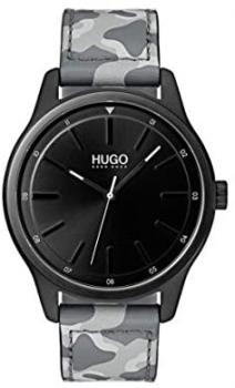Hugo Men&#39;s #Dare Quartz Black IP and Leather Strap Casual Watch, Color: Black (Model: 1530050)
