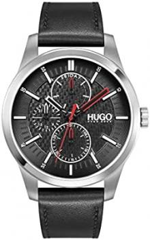 HUGO Men&#39;s Stainless Steel Quartz Watch with Leather Strap, Black, 22 (Model: 1530153)