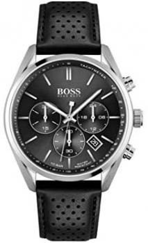 BOSS Men&#39;s Stainless Steel Quartz Watch with Leather Strap, Black, 22 (Model: 1513816)