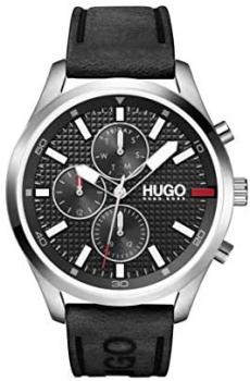 HUGO Men&#39;s #Chase Stainless Steel Quartz Watch with Leather Strap, Black, 22 (Model: 1530161)