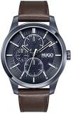 HUGO Men&#39;s Ionic Plated Blue Steel Quartz Watch with Leather Strap, Brown, 22 (Model: 1530154)
