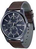HUGO Men's Ionic Plated Blue Steel Quartz Watch with Leather Strap, Brown, 22 (Model: 1530154)