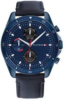 Tommy Hilfiger Men&#39;s Stainless Steel Quartz Watch with Leather Strap, Blue, 22 (Model: 1791839)