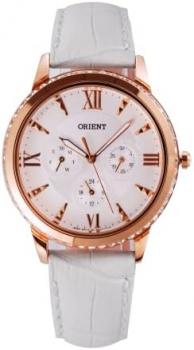 Orient Quartz Watch for Women, Japanese Wrist Watch Classic White Dial Rose Gold Hands and Case 3D Roman Numerals Dress Watch Stainless Steal White Leather Strap Gift for her FSW03002W0