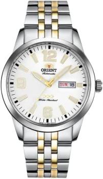 Orient Tristar 3 Star Automatic Watch for Men, Classic White Dial Golden Hour Markers Golden Hands Dress Watch Stainless Steel SAB0B005WB