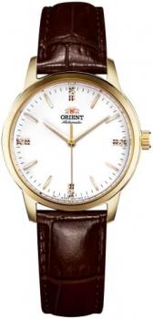 Orient Automatic Watch for Women, Japanese Wrist Watch See-through Case Back Classic White Dial Gold Dress Watch Crystal-Encrusted Hour Markers Dark-Brown Leather Strap Stainless Steal Gift for her RA-NB0104S10B