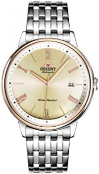 Orient Automatic Watch for Men, Japanese Wrist Watch See-Through Case Back Classic Champagne Gold Dial, Date Display Roman Numerals Stainless Steel Gift for him