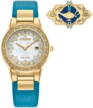 Citizen Women's Eco-Drive Disney Princess Jasmine Crystal Watch and Pin Gift Set in Gold tone Stainless Steel with Teal Leather Strap, Mother of Pearl Dial (Model: GA1072-07D)