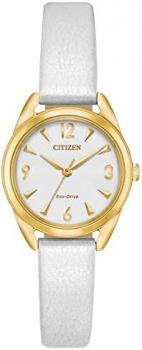 Citizen Eco-Drive Casual Quartz Womens Watch, Stainless Steel with Leather strap, White (Model: EM0682-07A)