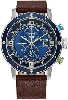 Citizen Men's Eco-Drive Star Wars Luke Skywalker Chronograph Stainless Steel Watch with Brown Leather Strap, Blue Bezel (Model: CA0768-07W)