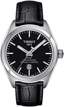Tissot Womens PR 100 COSC 316L Stainless Steel case Swiss Quartz Watch, Black, Leather, 16 (T1012511605100)