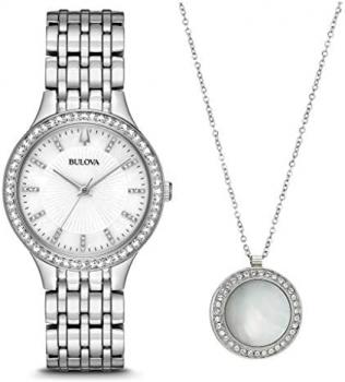 Bulova Box Set Quartz Ladies Watch, Stainless Steel Crystal , Silver-Tone (Model: 96X146)
