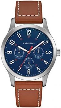 Caravelle by Bulova Traditional Multi-Function Mens Watch, Stainless Steel with Brown Leather Strap, Silver-Tone (Model: 43C122)