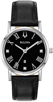 Bulova Classic Quartz Ladies Watch, Stainless Steel with Black Leather Strap Diamond , Silver-Tone (Model: 96P192)
