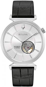 Bulova Men's Classic Regatta Stainless Steel 3-Hand Automatic Black Leather Strap Watch with Open Aperture Watch Style: 96A240