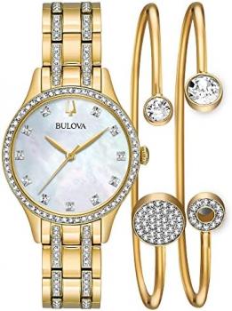 Bulova Ladies' Crystal Accented Gift Set with 3-Hand Quartz Watch and Flexible Bangle Bracelets, Mother-of-Pearl Dial