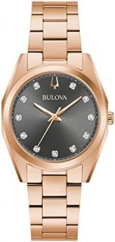 Bulova Ladies' Classic Surveyor Diamond Rose Gold Stainless Steel 3-Hand Quartz Watch, Gray Dial: 97P156