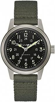 Bulova Men's Military Heritage Hack Veteran's Watchmaking Initiative Watch in Stainless Steel with 3-Hand Automatic, Black NATO Leather Strap Style: 96A259
