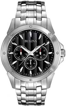 Bulova Men's Classic Dress 6-Hand Multi-Function Day/Date Quartz Watch, Black Patterned Dial, 43mm