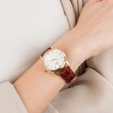 Orient Automatic Watch for Women, Japanese Wrist Watch See-through Case Back Classic White Dial Rose Gold Dress Watch Crystal-Encrusted Hour Markers Red-Brown Leather Strap Stainless Steal Gift for her RA-NB0105S10B
