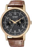 Citizen Gold Tone Stainless Steel Case Black Dial Day And Date Display Brown Leather Strap