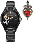 Citizen Women's Eco-Drive Disney Villain Evil Queen Crystal Watch and Pin Gift Set in Black IP Stainless Steel, Snow White Art Black Dial (Model: FE6107-68W)