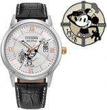 Citizen Eco-Drive Special Edition Disney 100 Steamboat Willie Mickey Mouse Watch and Pin Box Set, Black Leather Strap