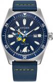 Citizen Eco-Drive Donald Duck Watch in Stainless Steel and Blue Leather Strap, 3-Hand Date, Luminous Dial