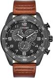 Citizen Men's Eco-Drive Weekender Chronograph Watch in Black IP Stainless Steel with Brown Leather strap, Black Dial (Model: AT2447-01E)
